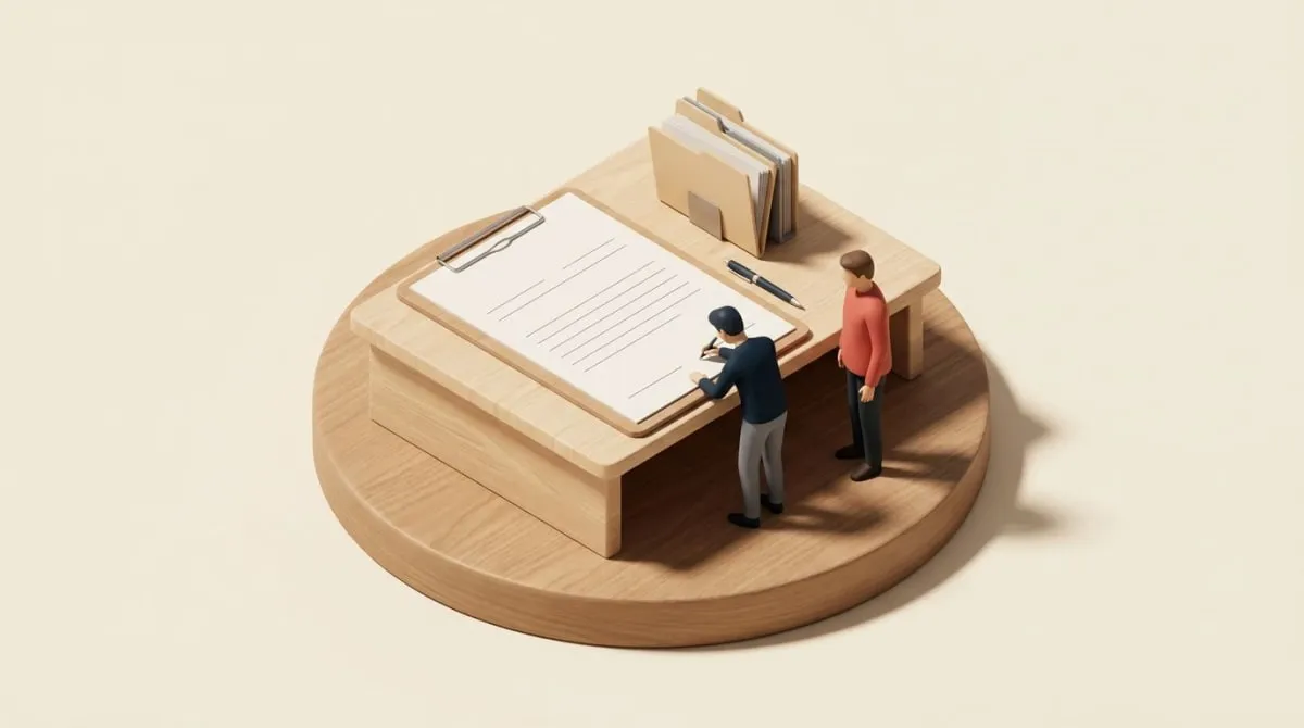 A disciplinary write-up form on a clipboard with a pen and filing folder as two tiny figures sign the document