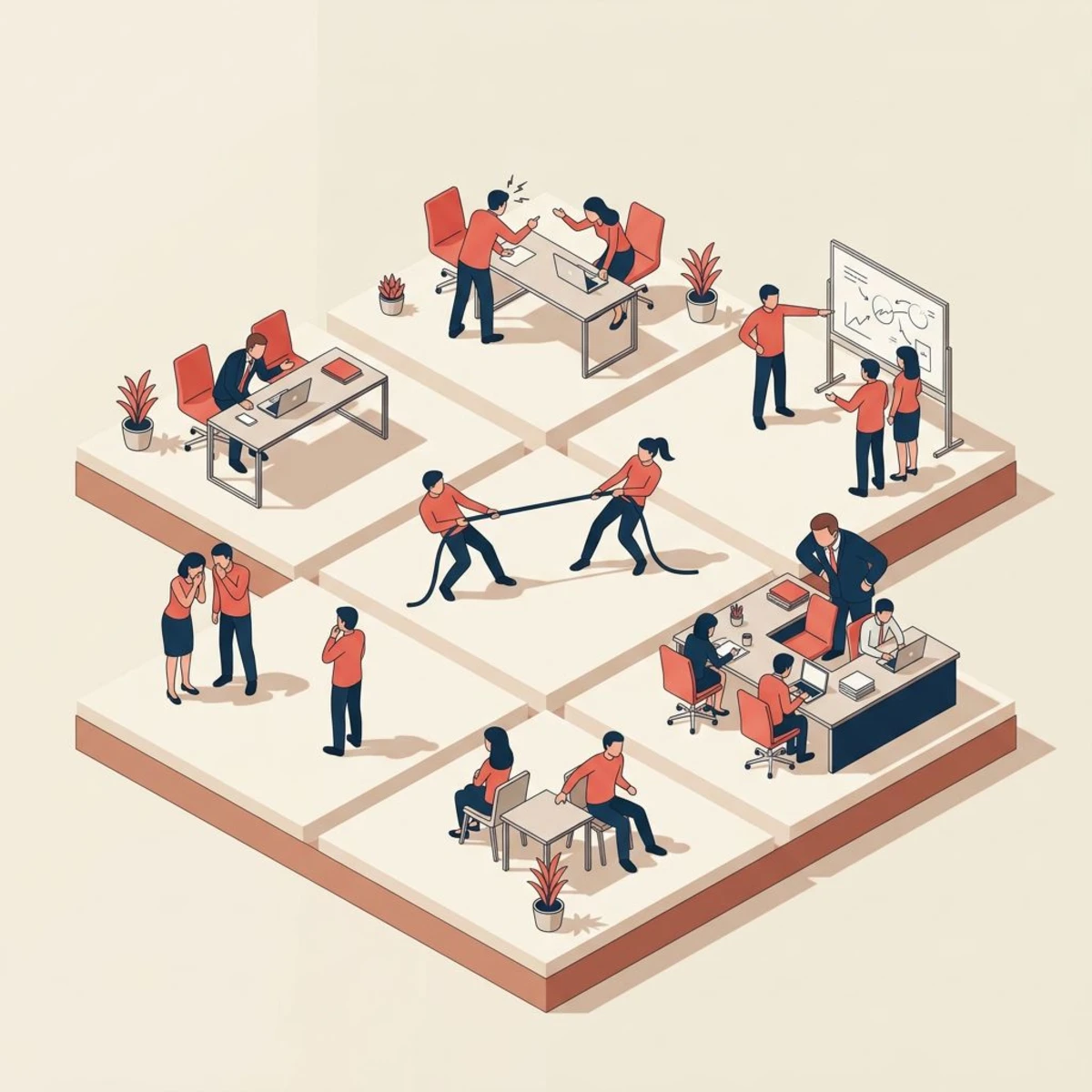 Different types of workplace conflicts illustrated in a modern office setting