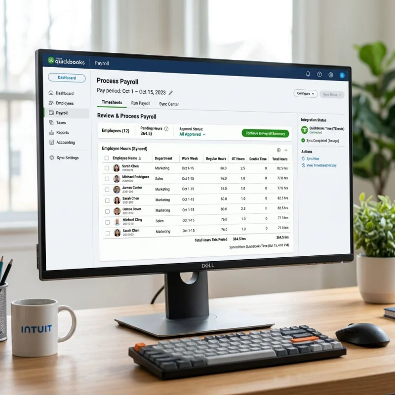 Time and attendance payroll integration with QuickBooks system