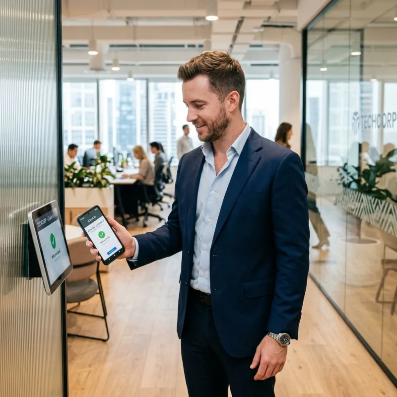 Employee using time and attendance mobile app for shift clock-in
