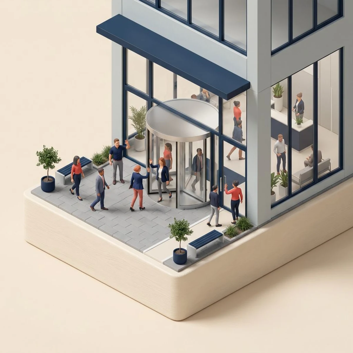 Employees entering and leaving an office, representing turnover