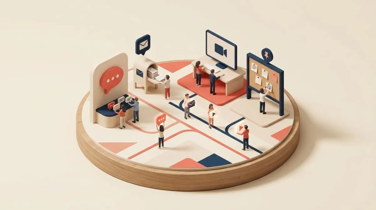 Tiny people routing messages to the right channels - chat, email, video, and announcements - under a clear channel policy