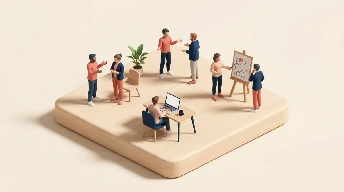 The four types of workplace communication shown as tiny teams talking, typing, using body language, and presenting a chart