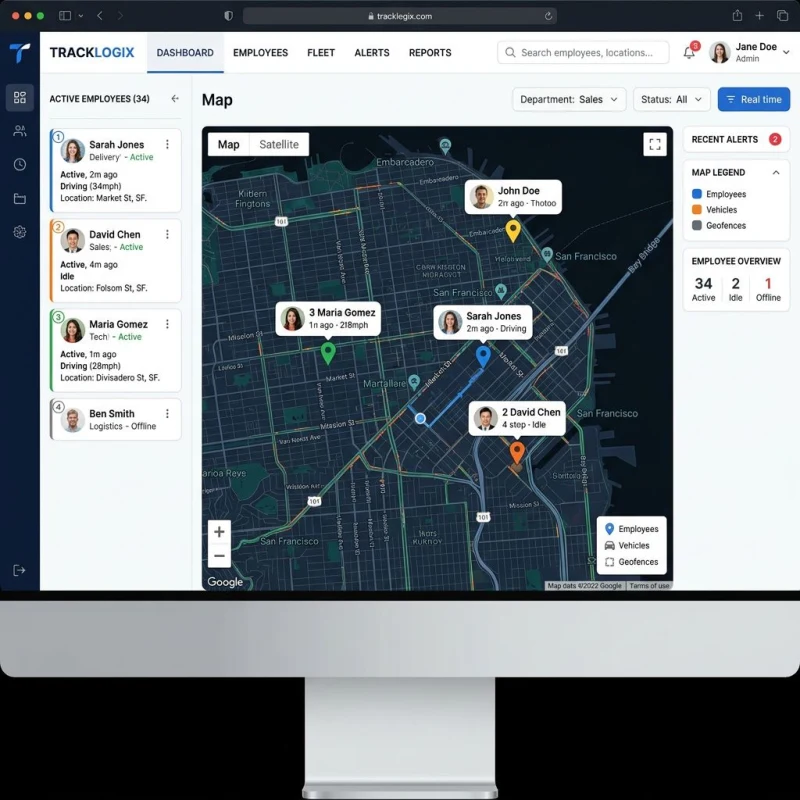 Time and attendance GPS dashboard tracking remote employee locations