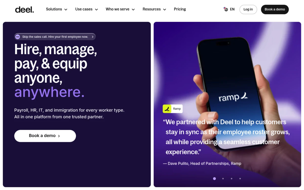 Deel homepage showing the global HR and payroll platform for hiring workers worldwide