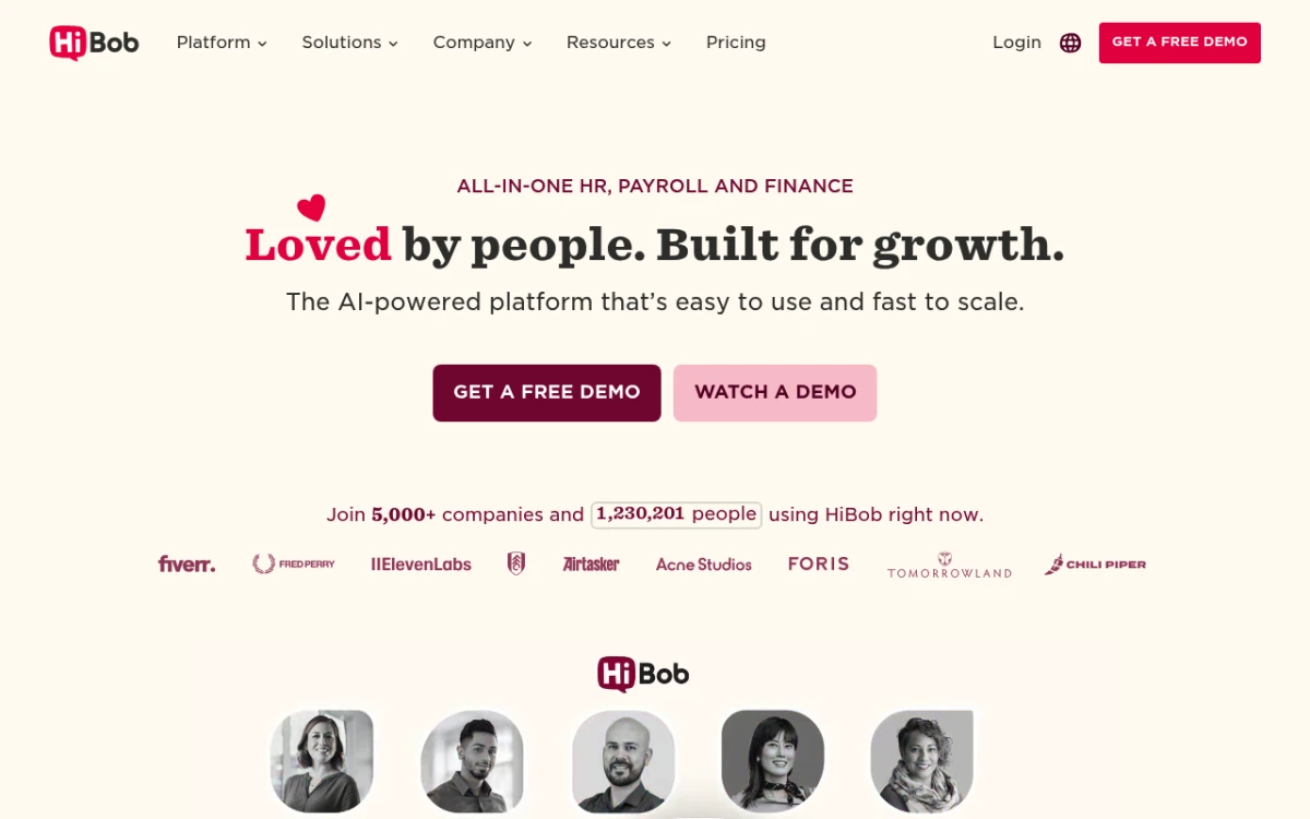 HiBob HR software homepage showing the modern Bob HRIS platform for growing teams
