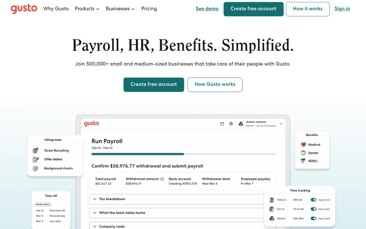 Gusto payroll software homepage showing its clean small business payroll interface