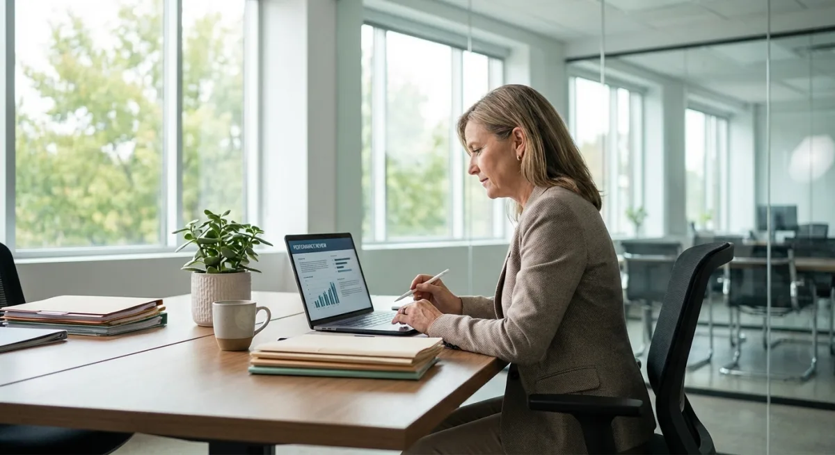 Professional HR manager reviewing employee performance documents