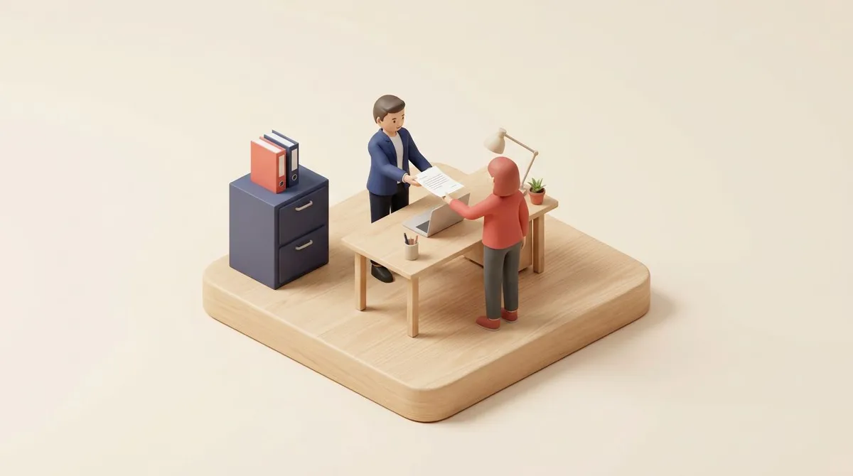 Manager handing a letter of reprimand to an employee across a desk