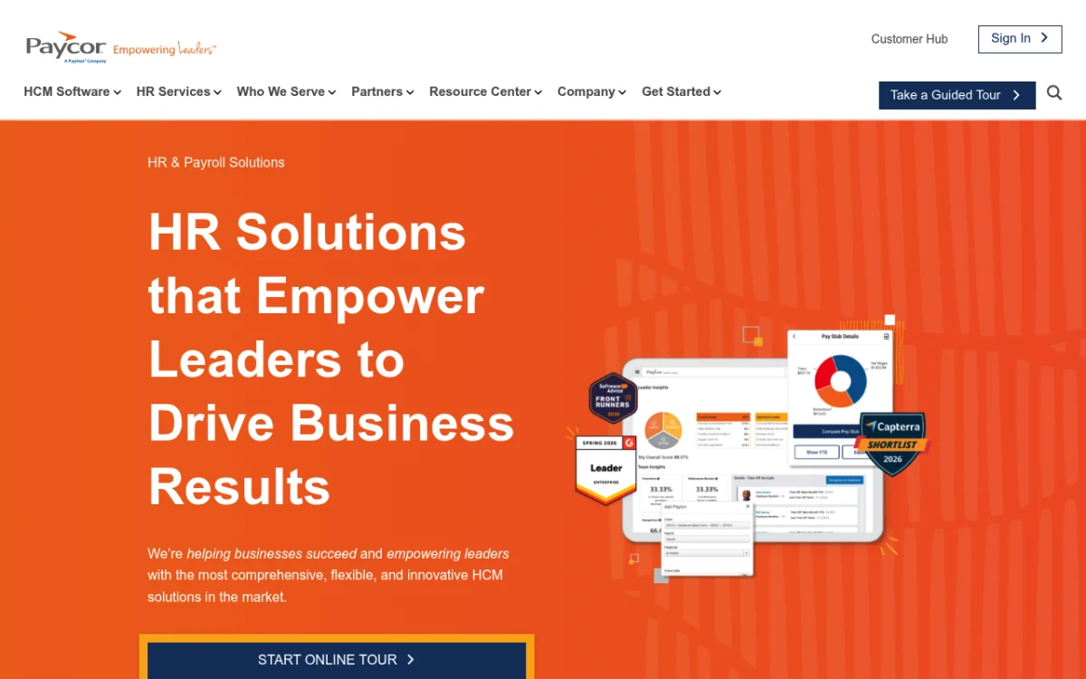 Paycor homepage showing its all-in-one HR and payroll software platform