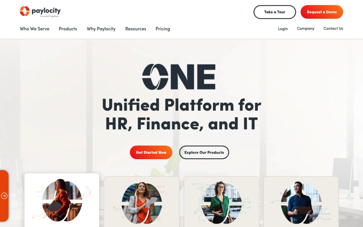 Paylocity HR and payroll software homepage showing its all-in-one platform