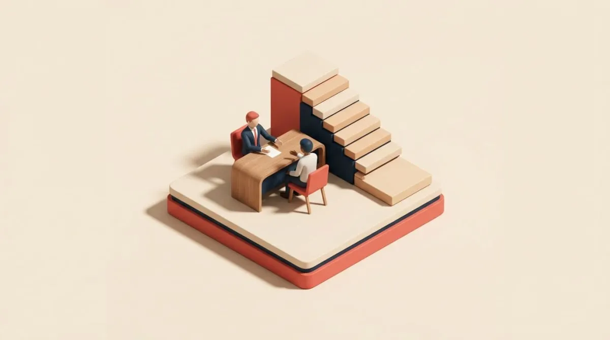 A manager and employee in a calm private one-on-one beside an ascending staircase representing a fair step-by-step response