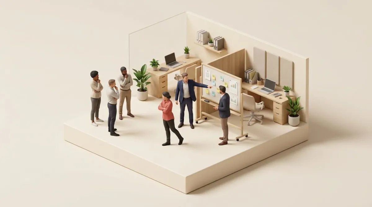Examples of insubordination at work illustrated by a tiny employee turning away from a manager pointing at a task board