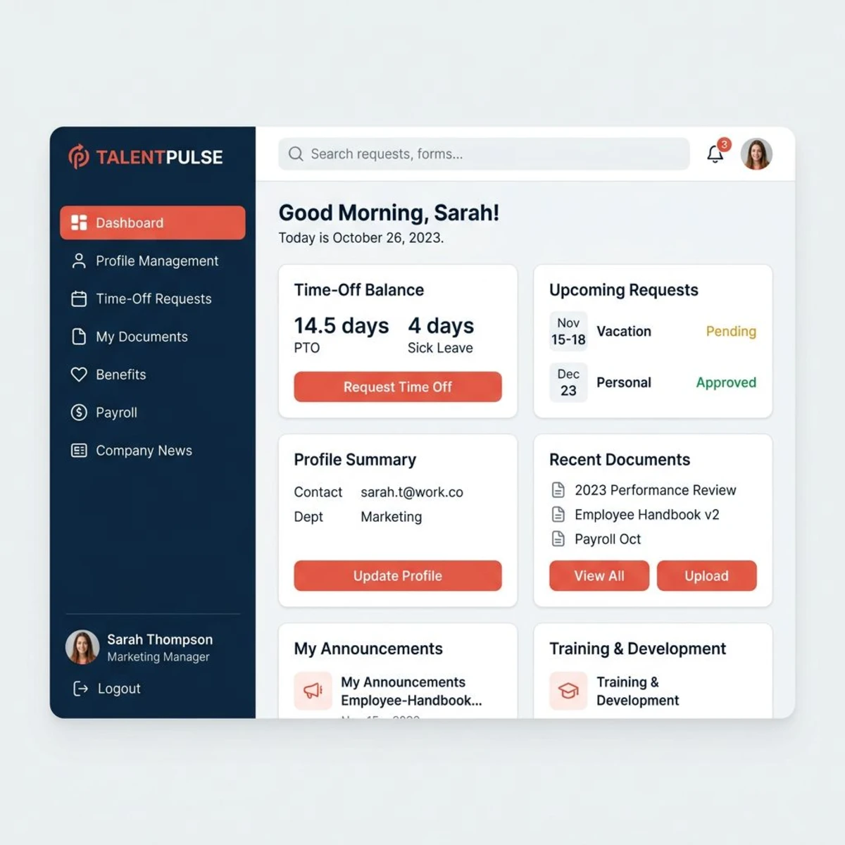 ESS employee self-service portal dashboard with personal info management and PTO tracking