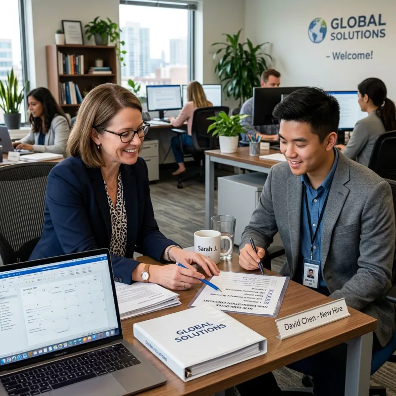 Manager reviewing orientation checklist with new employee