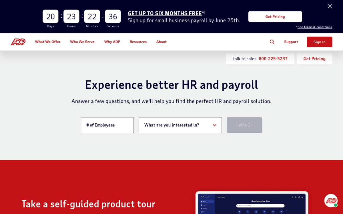 ADP homepage showing RUN payroll and HR platform for small business