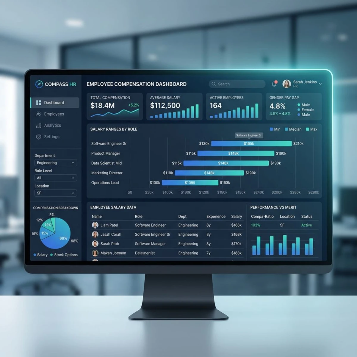 Pay transparency compensation dashboard showing salary ranges and pay bands