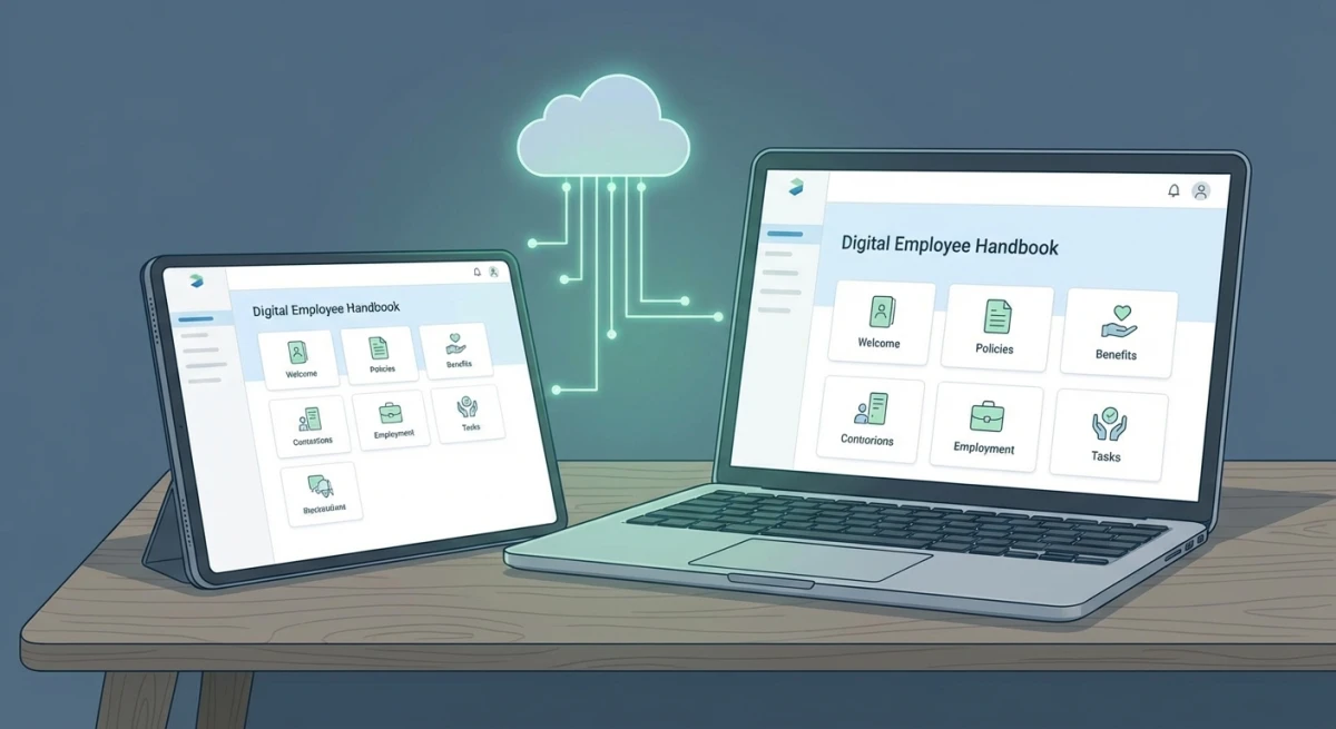 Digital employee manual template displayed on tablet and laptop screens